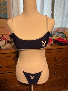PLAYBOY Navy and White Two-Piece Bikini Set